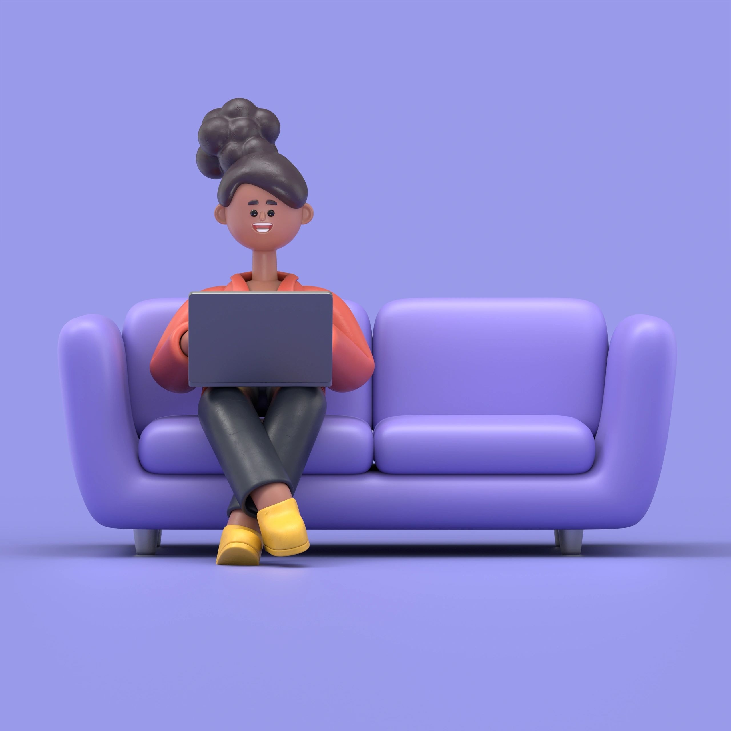 3D illustrated character working on a laptop